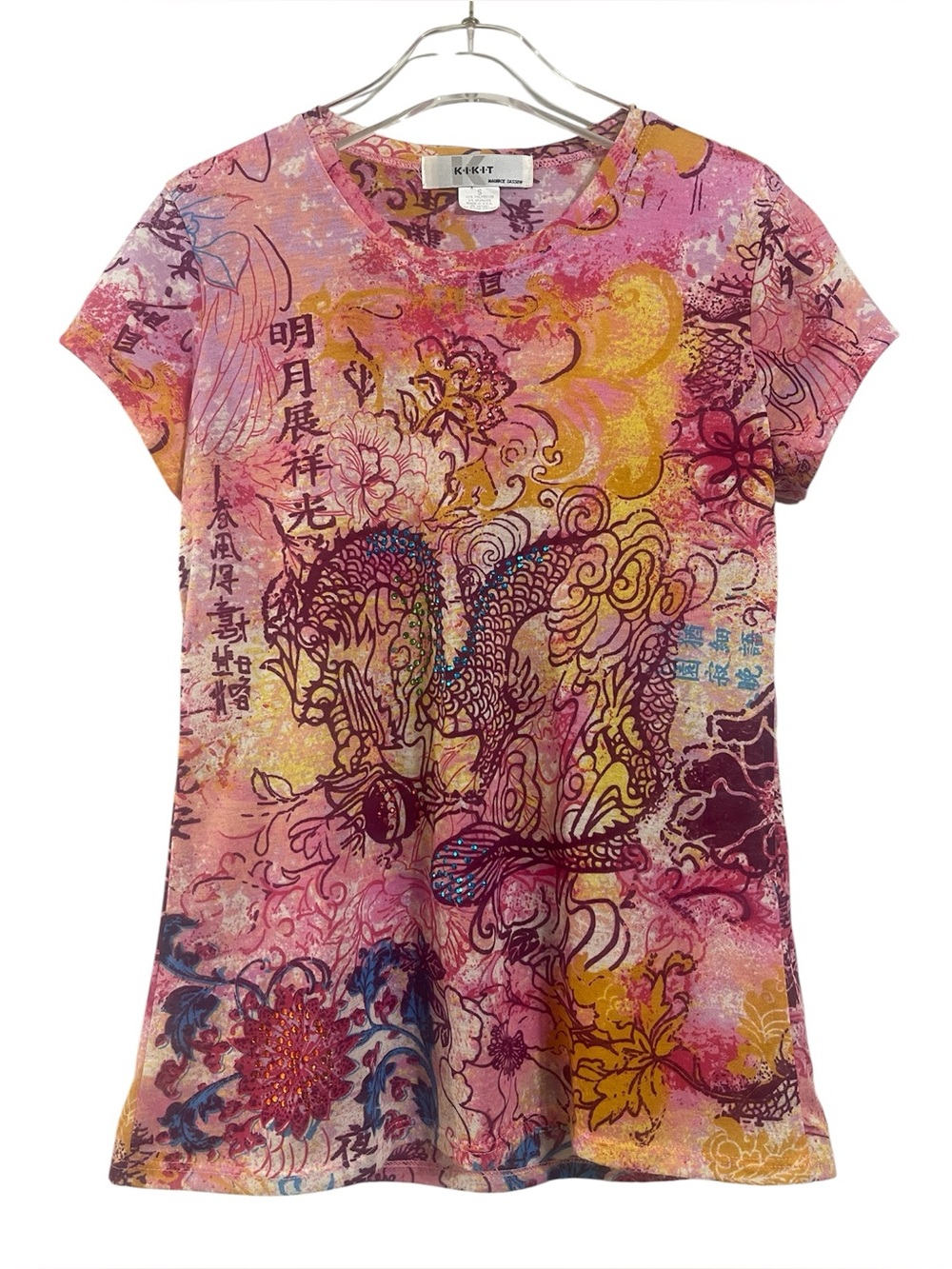 Y2K Kikit Pink Multicolor Asian Dragon Graphic Burnout Tee